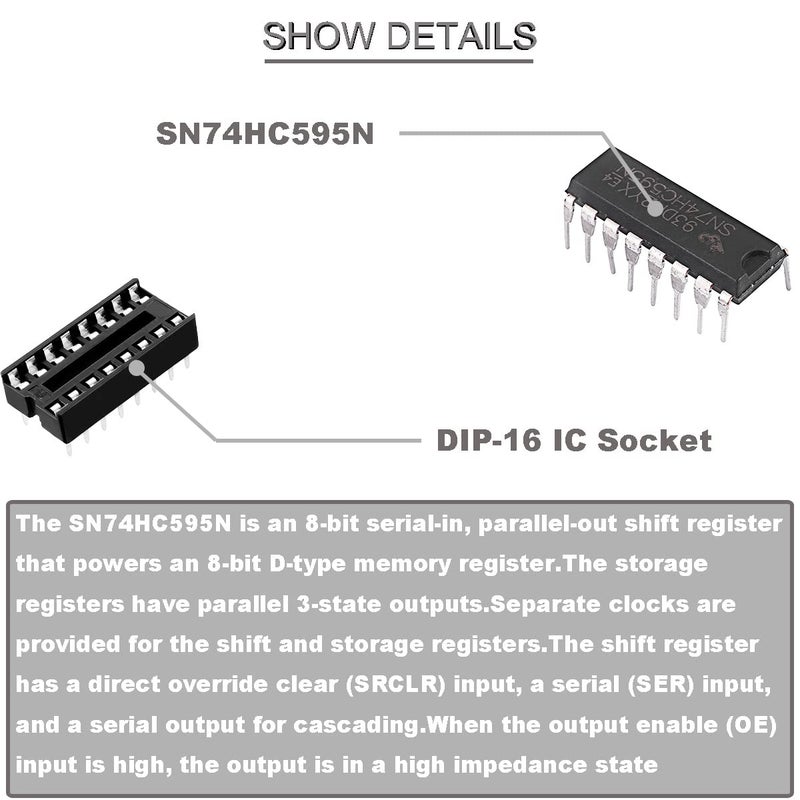 DKARDU 20 pcs SN74HC595N 8-Bit Counter Shift Registers 74HC595 DIP-16 3-State Output Registers Integrated Circuits high Speed Transmission + 20 pcs DIP-16 IC Socket - Image 2